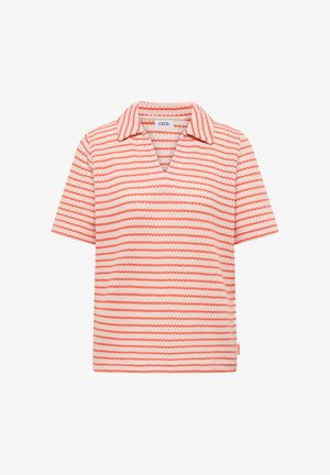 Polo a maniche corte in maglia con righe orizzontali corallo e bianche e colletto a V, con etichetta "CECIL" all'interno del colletto.
