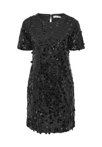 Schwarzes Paillettenkleid mit rundem Ausschnitt, kurzen Ärmeln und einem Schlüssellochausschnitt hinten. Der Stoff ist glatt mit einer glänzenden, reflektierenden Textur.