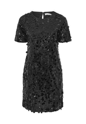 Vestido negro de lentejuelas con escote redondo, mangas cortas y un corte en forma de llave en la espalda. La tela es suave con una textura brillante y reflectante.