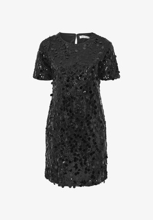 Sort palietted kjole med rund halsudskæring, korte ærmer og en nøglehulslukning i ryggen. Stoffet er glat med en skinnende, reflekterende tekstur.