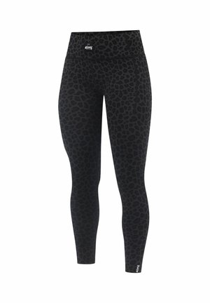 Leggings noirs avec un motif léopard discret, taille haute et détails de logo. Fabriqués dans un matériau extensible pour le confort.