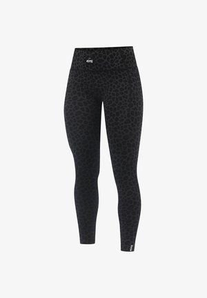 Leggings noirs avec un motif léopard discret, taille haute et détails de logo. Fabriqués dans un matériau extensible pour le confort.