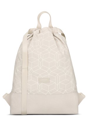 Beige drawstring backpack with geometric white patterns, featuring a smooth fabric body, sturdy bottom, and adjustable straps.