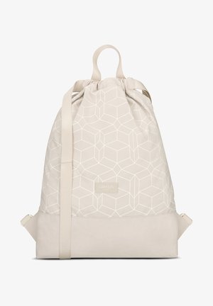 Beige színű húzózsinóros hátizsák geometriai fehér mintákkal, sima szövet testtel, tartós aljjal és állítható vállpántokkal.