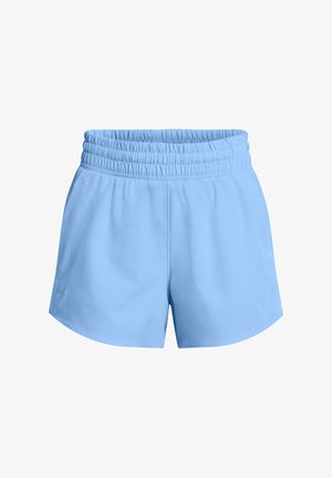 Light blue shorts made of smooth fabric. Features an elastic waistband and two side pockets. Simple design with a relaxed fit.