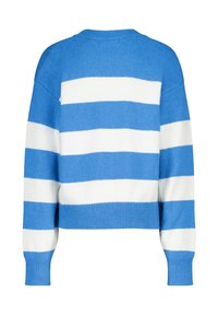 Sininen ja valkoinen raidallinen neulepusero, jossa on pyöreä pääntie, pitkät hihat ja ribbadattu helma. Pehmeä rakenne, rento muotoilu, lyhyt malli.