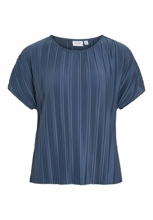 Blå veckad kortärmad topp med rund hals, som har en mjuk textur och en flödande design, lämplig för mångsidig styling.