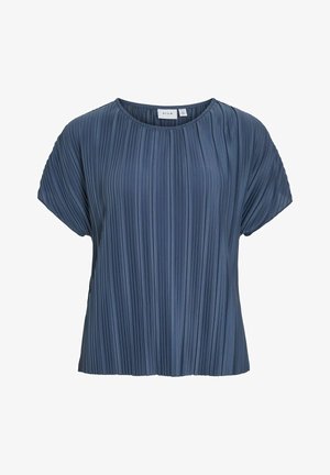 Blue pleated short-sleeve top with a round neck, featuring a soft texture and flowing design, suitable for versatile styling.