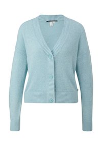 Jasnoniebieski kardigan wykonany z miękkiej dzianiny, z dekoltem w kształcie litery V, prążkowanymi mankietami i dołem oraz pięcioma guzikami z przodu.