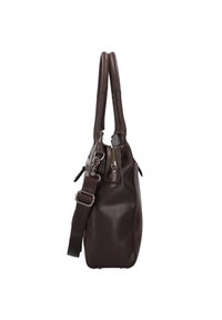 Bruine leren handtas met dubbele handvaten, verstelbare schouderriem en ritssluiting. Heeft een gladde textuur en minimale hardwareaccenten.