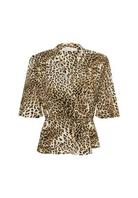 Leopard print wrap blouse in tan and black, made of soft fabric. Features short sleeves, a V-neck, and a cinched waist for a flattering fit.