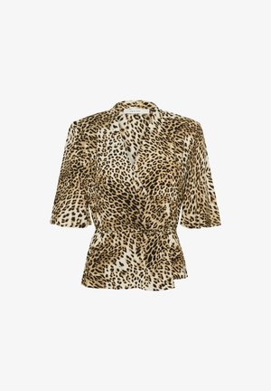 Leparda raksta apmetņa blūze brūnā un melnā krāsā, izgatavota no mīkstas auduma. Satur īsas piedurknes, V veida kaklu un savilktu jostasvietu, nodrošinot izskatīgu piegulšanu.