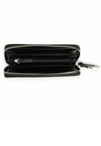 Cartera de cuero negra con cierre de cremallera. Cuenta con múltiples ranuras para tarjetas, un compartimento para monedas con cremallera y una forma rectangular y elegante.