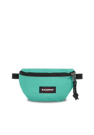 Bolsa de cintura de tela pequeña de color turquesa con cremallera negra y correa ajustable, con un parche con el logo de Eastpak en el frente.