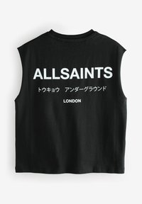 Must ega varrukateta t-särk, mis on valmistatud puuvillast. Seljal on suur valge tekst: "ALLSAINTS" ja all on jaapani keeles kirjutatud tähemärgid ning sõna "LONDON".