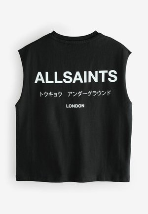 Fekete ujjatlan póló, pamutból készült. A hátán nagy fehér felirat található: "ALLSAINTS" japán karakterekkel, alatta pedig "LONDON".