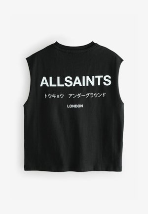 Camiseta sin mangas negra de algodón. Presenta un gran texto blanco en la parte posterior: "ALLSAINTS" con caracteres japoneses y "LONDRES" debajo.