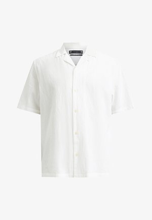 Weißes Kurzarm-Hemd mit Knopfverschluss aus strukturiertem Stoff, mit Kragen und dezentem Logo auf der Brust. Einfaches Design mit lockerer Passform.
