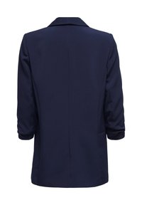 Blazer bleu marine avec un col cranté, des manches trois-quarts et une coupe ajustée. Tissu lisse avec une couture arrière propre et des poches latérales.