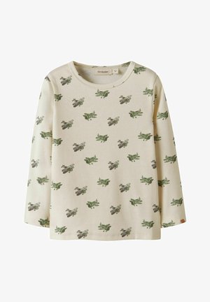 Maglietta cremisi a maniche lunghe con motivo vintage aereo biplano verde e grigio su tutta la superficie, scollo tondo e etichetta del marchio Lil Atelier all'interno del colletto.