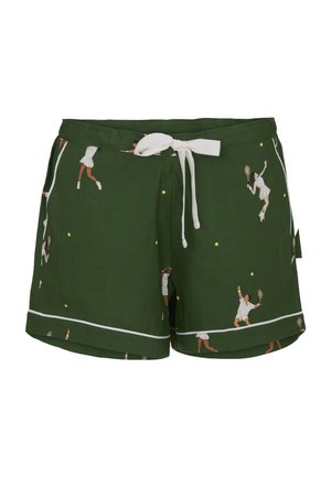 Ciemnozielone spodenki z białym wykończeniem i sznurkiem, ozdobione wzorem przedstawiającym tenisistów w akcji z rakietami i żółtymi piłkami.