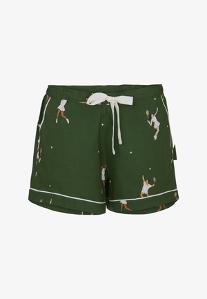 Ciemnozielone spodenki z białym wykończeniem i sznurkiem, ozdobione wzorem przedstawiającym tenisistów w akcji z rakietami i żółtymi piłkami.