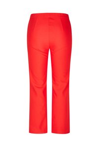 Red trousers made of smooth fabric, featuring a straight leg design and no visible pockets, shown from the back with a waistband.