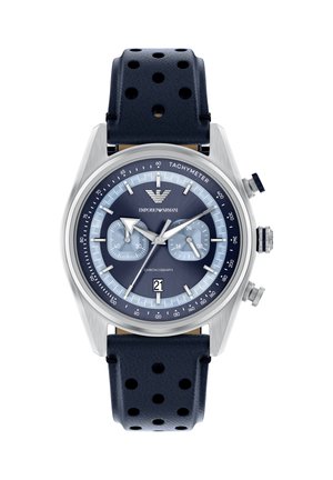 Reloj cronógrafo con caja de acero inoxidable, esfera azul y correa de cuero perforado azul marino. Incluye taquímetro y visualización de la fecha.