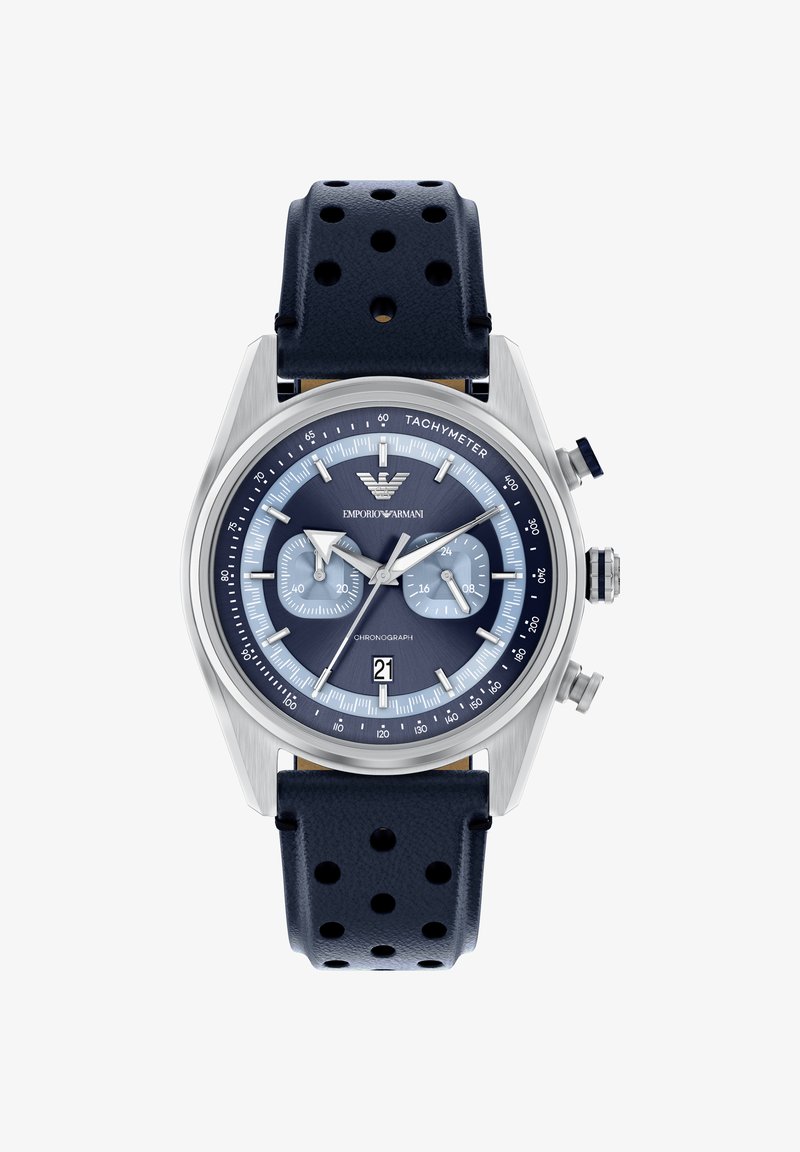 Chronograafhorloge met een roestvrijstalen kast, een blauwe wijzerplaat en een marineblauwe geperforeerde leren band. Kenmerken zijn onder andere een tachymeter en een datumweergave.