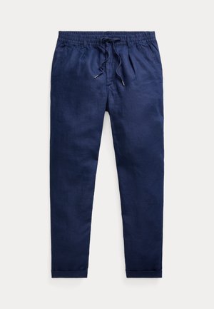 Pantalon en lin bleu marine avec taille élastique, cordon de serrage, deux poches latérales et jambes fuselées. Texture lisse, design décontracté.