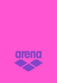 Logo viola di "arena" su uno sfondo rosa vibrante, con un design a onda sotto il testo, che enfatizza il contrasto audace dei colori.