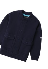 Marineblaue Bomberjacke aus strukturiertem Stoff, mit Rundhalsausschnitt, frontalen Druckknöpfen und zwei großen Fronttaschen.