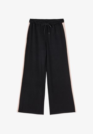 Pantalones negros de pierna ancha con cintura elástica y cierre ajustable con cordón.