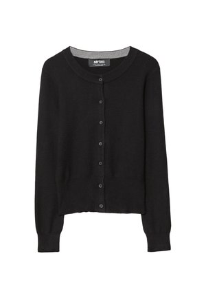 Black knitted cardigan with a round neckline, front button closure, long sleeves, and textured fabric. Gray inner collar accent.