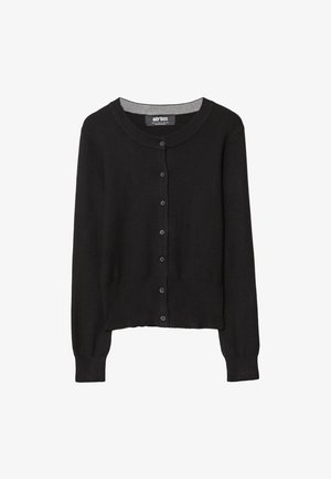 Black knitted cardigan with a round neckline, front button closure, long sleeves, and textured fabric. Gray inner collar accent.