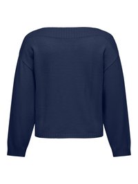 Pull en maille bleu marine à manches longues avec poignets, ourlet et large encolure bateau côtelés, vu de dos.