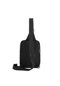 Borsa a tracolla nera realizzata in tessuto testurizzato, con una tracolla regolabile, tasca con zip e forma rettangolare. Design minimalista.