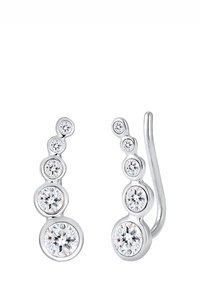 Orecchini d'argento con un design curvo, caratterizzati da cinque pietre trasparenti scintillanti di dimensioni variabili disposte in un motivo discendente.