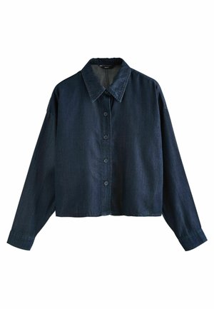Dark blue cropped denim shirt with long sleeves, button-up front, and a classic collar. Smooth texture with slight sheen.