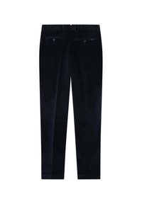 Pantaloni in corduroy blu navy dal taglio dritto, con vita con passanti e due tasche posteriori, che offrono una texture morbida e un leggero splendore.