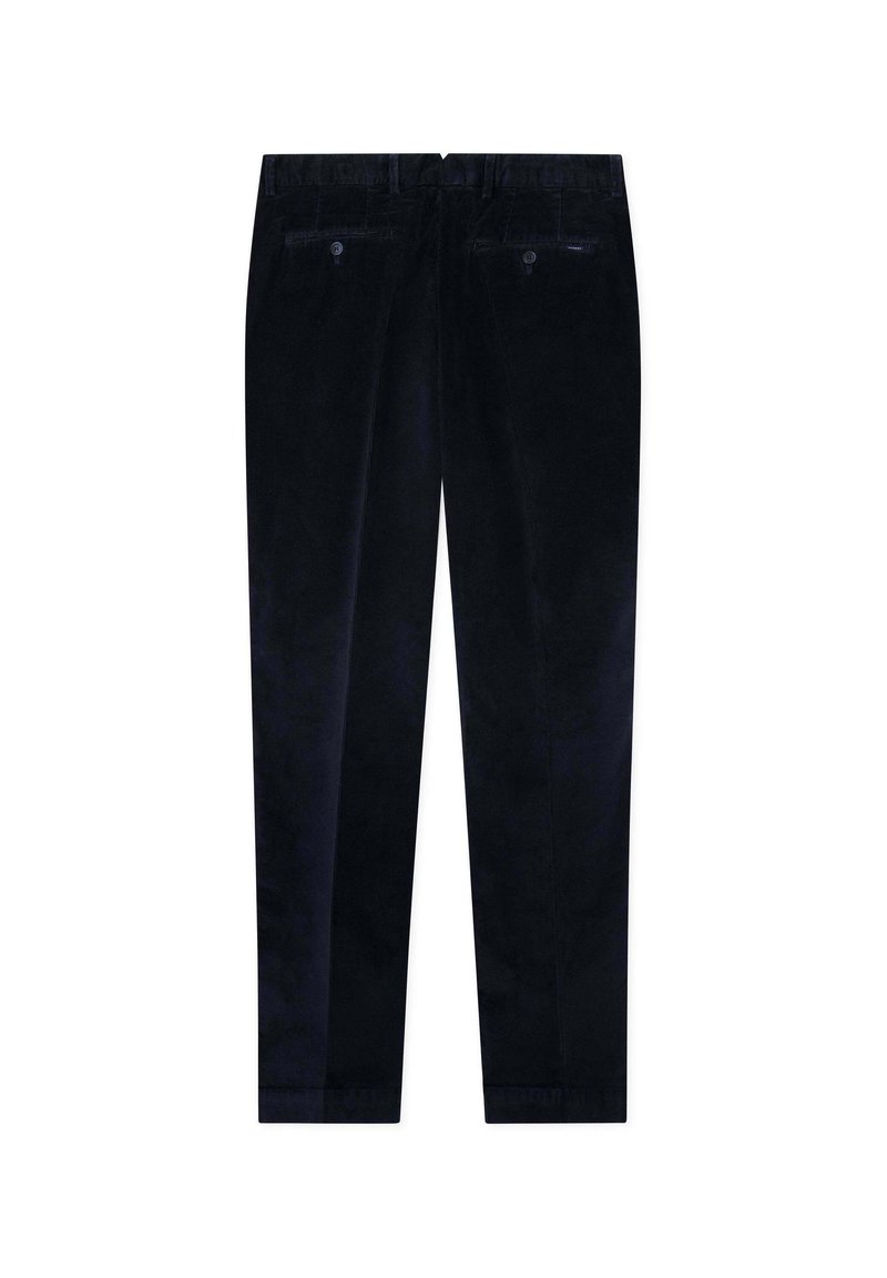 Pantalons en velours côtelé bleu marine à coupe droite, dotés d'une taille avec passants et de deux poches arrière, offrant une texture douce et un subtil éclat.