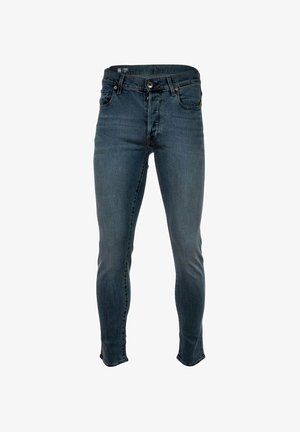 Dunkelblaue Jeans aus Denim mit schmaler Passform, mit Knopfverschluss, Gürtelschlaufen und dezentem Verblassen an der Vorderseite. Knöchellanges Schnitt.
