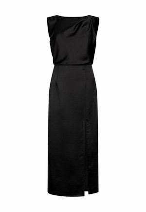 Robe en satin noir avec une silhouette ajustée. Présente un bustier drapé, un design sans manches et une fente sur le côté de la jupe droite.