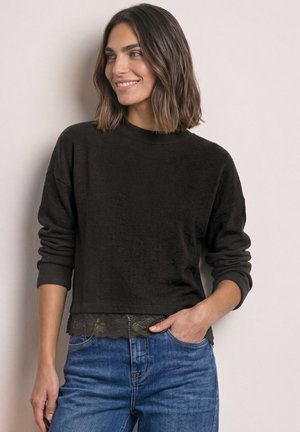 Street One, LANGARM SHIRT MIT RUNDHALS UND SPITZENBORTE - T-shirt à manches longues - black coffee mel