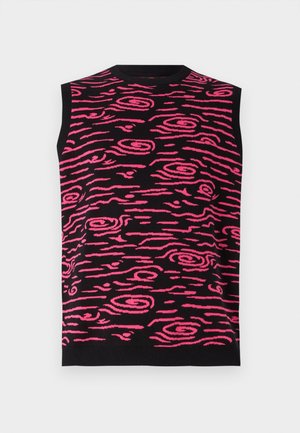 Haut sans manches en maille noire avec motif abstrait en spirale et lignes rose vif, col rond, ourlet et emmanchures côtelés.