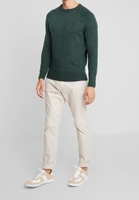 Uomo che indossa un maglione a maniche lunghe verde scuro, pantaloni beige e sneaker beige e bianche, in piedi davanti a uno sfondo chiaro e uniforme.