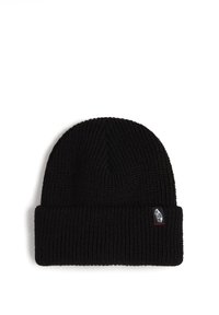 Black knit beanie with a ribbed texture, featuring a rolled cuff and a small branded tag on the side.