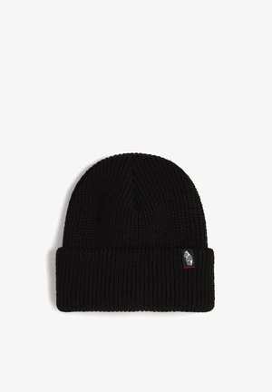 Gorra de punto negra con textura acanalada, que presenta un dobladillo enrollado y una pequeña etiqueta de marca en el costado.