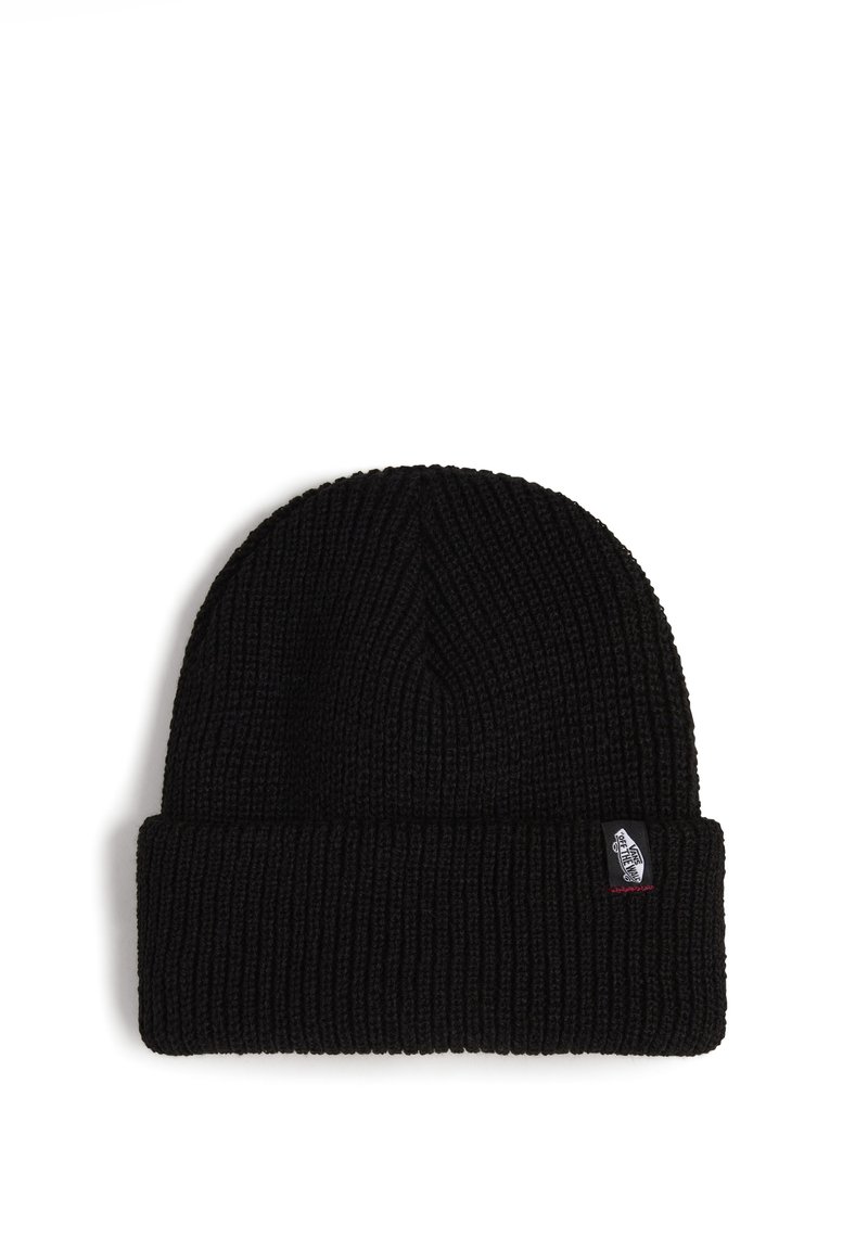 Black knit beanie with a ribbed texture, featuring a rolled cuff and a small branded tag on the side.