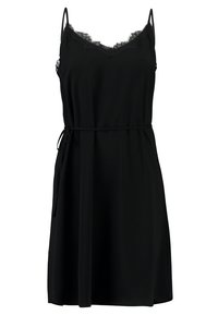 Schwarzes Kleid aus leichtem Stoff mit verstellbaren Spaghetti-Trägern, Spitzenbesatz am Ausschnitt, gebundenem Taillendetail und lockerer Passform.